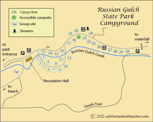 map of Russian Gulch State Park campground, Mendocino County, CA